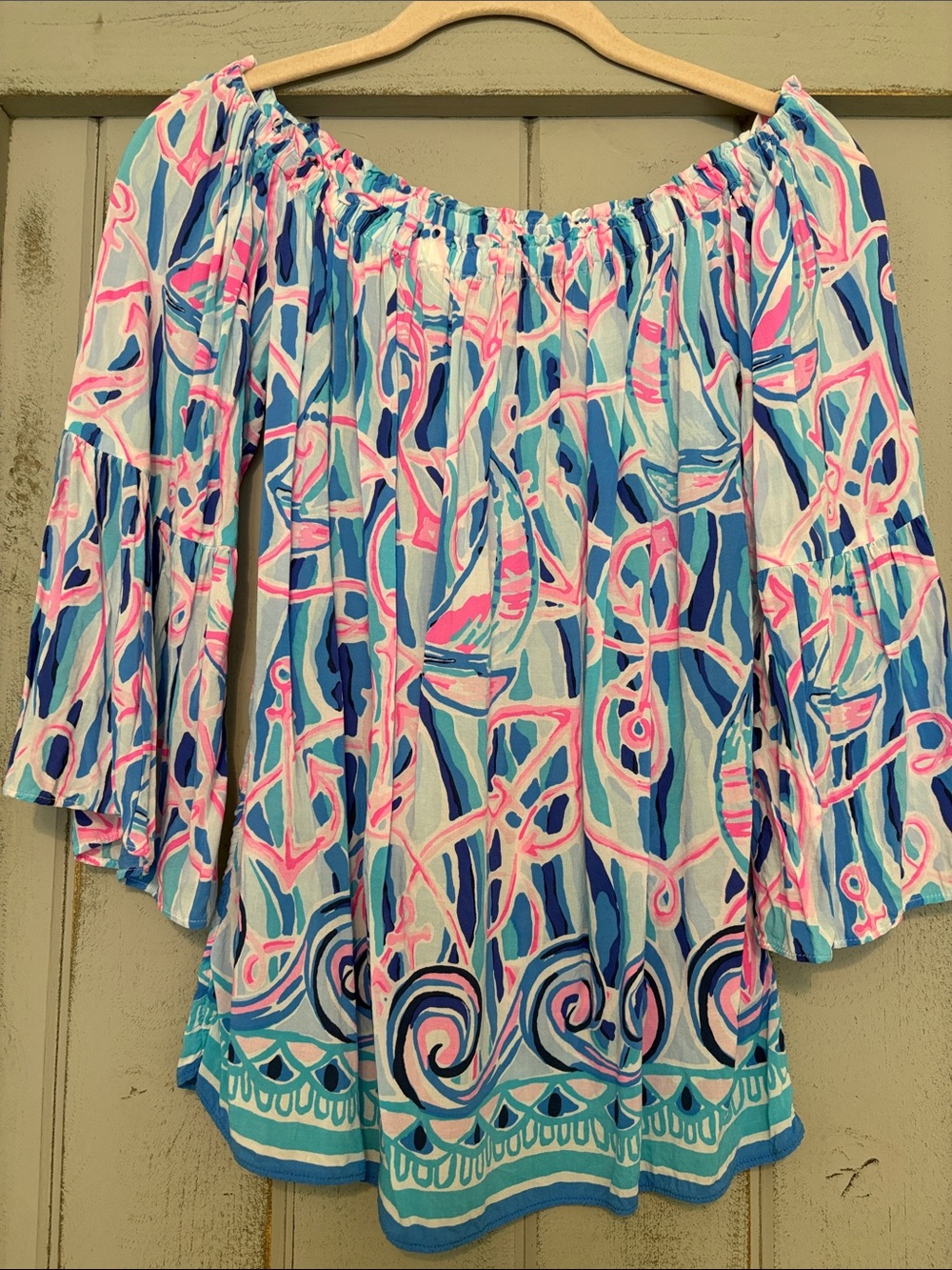 Lilly Pulitzer Aqua, Navy & Pink Off-Shoulder Bell-Sleeve top